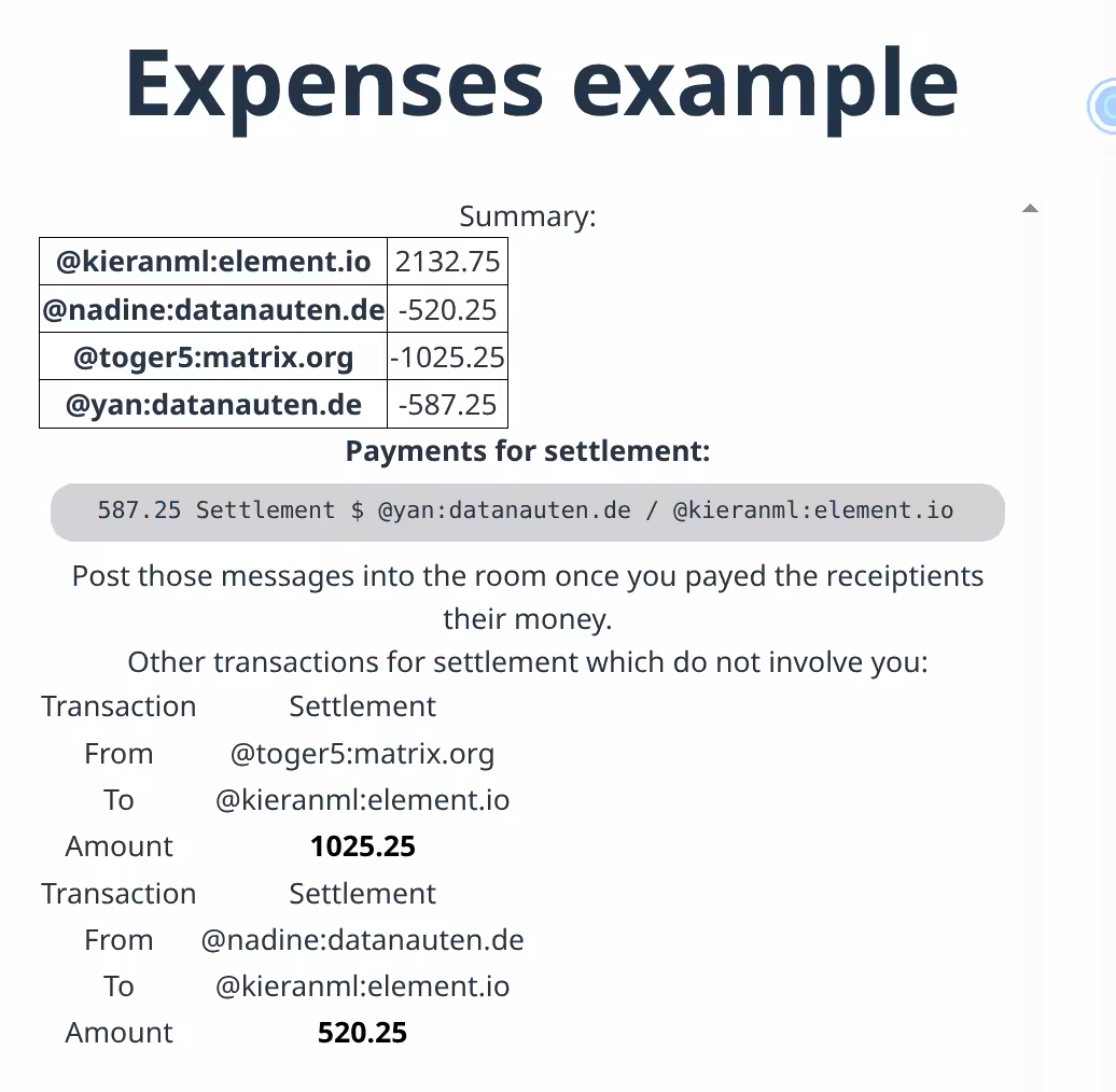 The widget shows a list of Matrix IDs and their "account balance" and the calculated payments required to settle the balance.